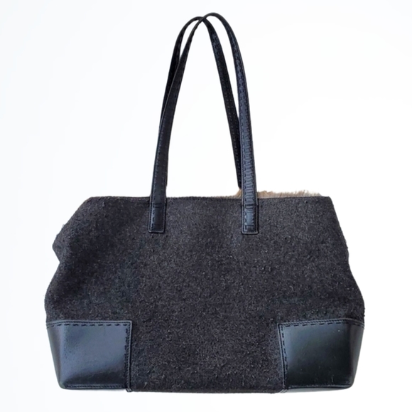 Cole Haan Grey Wool Black Leather and Rabbit Fur Trim Shoulder Bag Purse - Picture 1 of 9